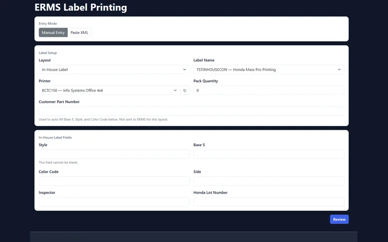 ERMS label print form with guided, layout-specific fields