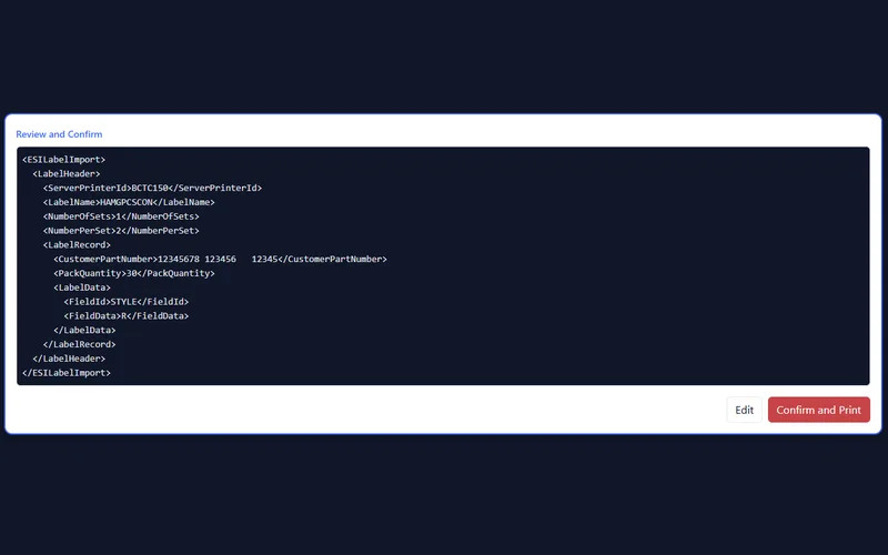 Review and confirm step showing the constructed request before sending
