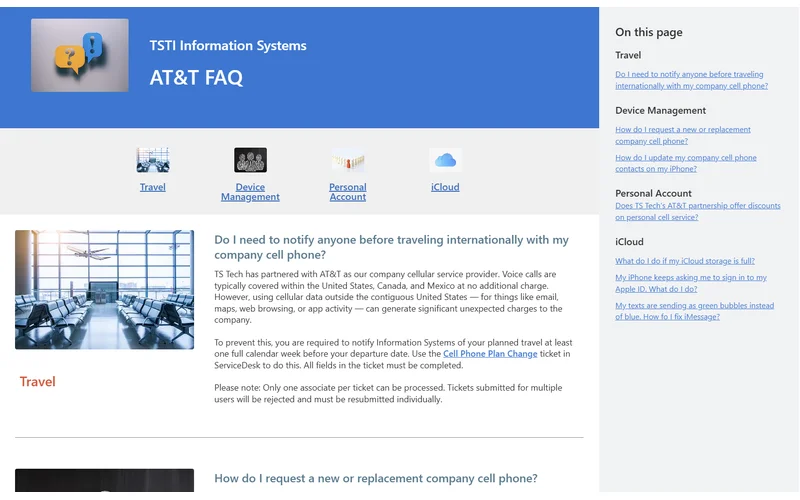AT&T FAQ page rebuilt on the FAQ template, showing the category navigation band and right-rail jump links